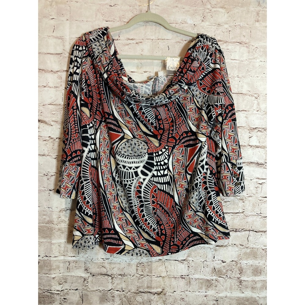 Cato Top Womens XL Rust Red Geometric Print Off‎ The Shoulder Stretch Flowy